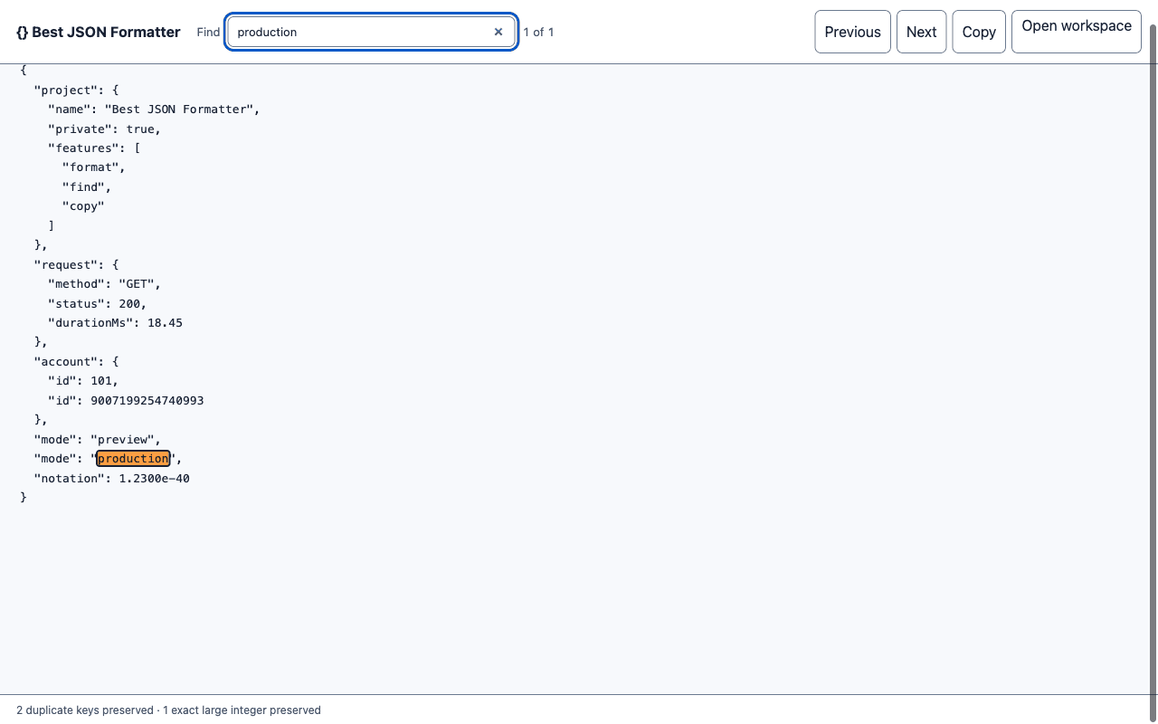 Best JSON Formatter Chrome extension showing a locally formatted JSON response with Find, Copy, and an active search match